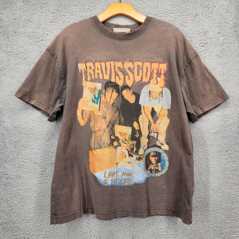TBENFUL Travis Scott Look Mom I Can Fly Graphic T-Shirt Mens XL Brown Distressed